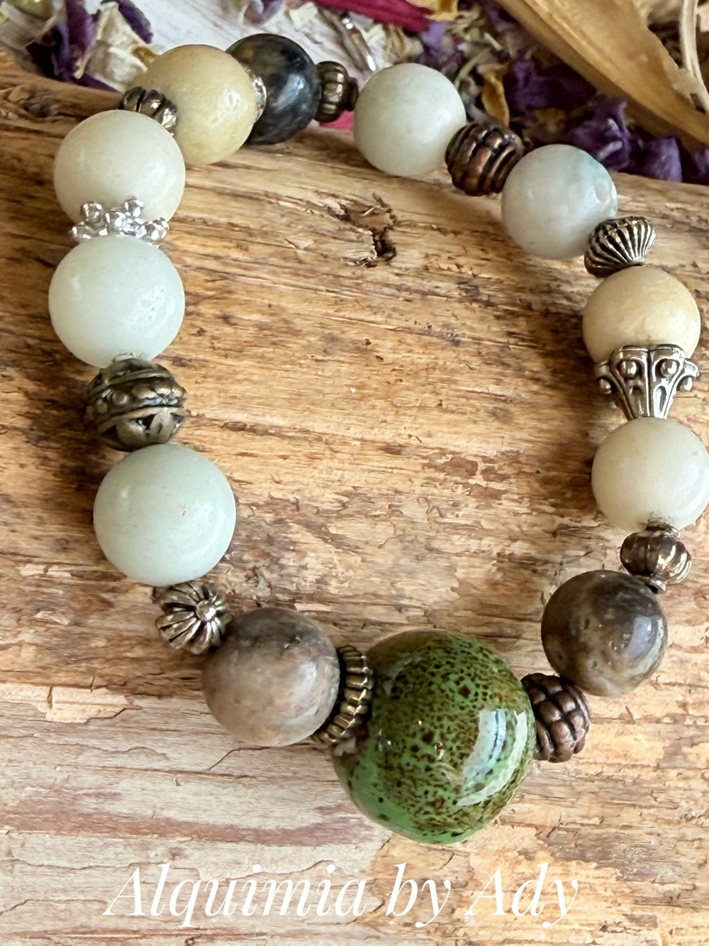 Sculptural amazonite and silver statement beaded bracelet